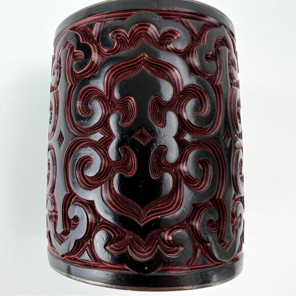 Antique Chinese Hand Carved Cinnabar Canister Jar Box Black and Red Blue Inside - Picture 11 of 14